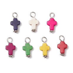 (52) Непрозрачная лаванда Подвески из синтетической бирюзы, окрашенной крест-накрест, с железными петлями, платина, разноцветные, 17.5x8x3.5 мм, отверстие : 3 мм