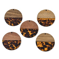 Плоский Круглый Подвески из прозрачной смолы и орехового дерева, плоско-круглые, 38x3.5 мм, отверстие : 2 мм