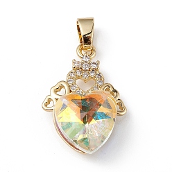 PeachPuff Real 18K Gold Plated Rack Plating Brass Micro Pave Clear Cubic Zirconia Pendants, with Glass, Long-Lasting Plated, Cadmium Free & Lead Free, Heart Charm, PeachPuff, 24x16x8mm, Hole: 5mm