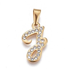 Letter J 304 Stainless Steel Pendants, with Rhinestone, Letter, Letter.J, 22x13.5x2mm, Hole: 3~3.5x7.5~8mm