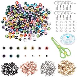 Mixed Color DIY Evil Eye  Earring Making Kits, Including Round Resin Beads, Brass Beads & Earring Hooks, Clear Elastic Crystal Thread, ABS Plastic Scissors, Mixed Color, Round Evil Eye Beads: 8mm, Hole: 1.8mm, 10 colors, 20pcs/color, 200pcs/set