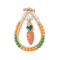 Коралловый Пасхальная тематика стеклянные бусины каплевидной формы с морковными подвесками, Подвески из эмали и сплава, с золотыми 201 соединительными кольцами из нержавеющей стали, коралл, 31x21x2 мм, отверстие : 1.8 мм