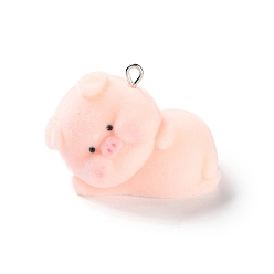 Персиковый Слойка Милые подвески из флокированной смолы, подвески в виде свиньи с платиновыми железными петлями, розовые, 26.5x37.5x21.5 мм, отверстие : 4.5x1.5 мм