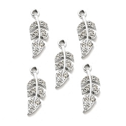 Crystal Alloy Rhinestone Pendants, Platinum Tone Leaf Charms, Crystal, 22.5x8.5x2.5mm, Hole: 1.8mm