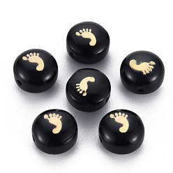Noir Perles lampwork, perles au chalumeau, faits à la main, avec ornements en métal gravé en laiton doré, plat rond avec les pieds, noir, 8x5~6mm, Trou: 0.8mm