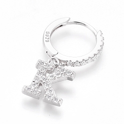 Letter K Rhodium Plated 925 Sterling Silver Hoop Earrings, Dangle Earrings, with Cubic Zirconia, with S925 Stamp, Letter, Clear, Platinum, Letter.K, 19.5mm, Pendants: about 8.5x7x1.5mm, Pin: 0.6mm