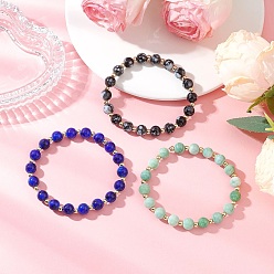 Mixed Color 3Pcs Glass Beads Stretch Bracelets, Imitation Gemstone Round Beads, with Brass, Real 18K Gold Plated, Mixed Color, Inner Diameter: 2 inch(5.2cm)