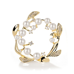 Doré  Broche guirlande de fleurs en laiton imitation perle, avec verre strass, or, 38x38mm
