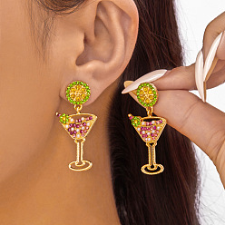 Золотой Серьги-гвоздики с подвесками из цинкового сплава со стразами, с имитацией жемчуга, бокал, золотые, 45x22 мм