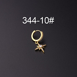 Звезда Серьги-кольца с микропаве из латуни и прозрачным кубическим цирконием для крепления на хрящ, золотые, звезда, 35x9 мм