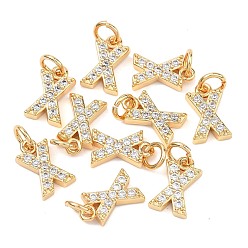 Letter X Colgantes Shegrace de latón con microengaste de circonitas cúbicas transparentes, sin níquel, real 18 k chapado en oro, amuletos de la letra x, 11.5x7x2.5 mm, anillo de salto: 5x1 mm, diámetro interior: 3 mm