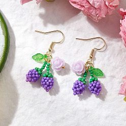 Темно-Фиолетовый Цветок с вишней 304 серьги-подвески из нержавеющей стали и стеклянных бусин, с рыболовной нитью, нейлоновой проволокой, акриловыми подвесками и смолой, золотые, темно-фиолетовый, 42x18 мм