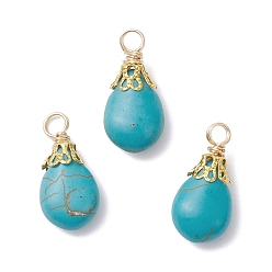 Золотой Окрашенные синтетические бирюзовые подвески, подвески-слезинки с железной фурнитурой, глубокое синее небо, золотые, 20~20.5x10x5.5~6 мм, отверстие : 2.5~3 мм