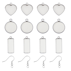 Stainless Steel Color DIY 304 Stainless Steel Earring Making Kits, include Pendant Cabochon Settings, Plain Edge Bezel Cups & Earring Hooks, Stainless Steel Color, Cabochon Settings: 60pcs/box