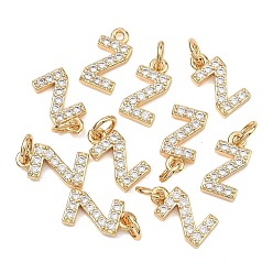 Letter Z Colgantes Shegrace de latón con microengaste de circonitas cúbicas transparentes, sin níquel, real 18 k chapado en oro, dijes de la letra z, 12.5x6.5x2.5 mm, anillo de salto: 5x1 mm, diámetro interior: 3 mm