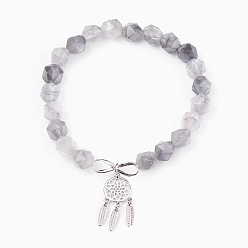 Quartz Natural Cloudy Quartz Beads Charm Bracelets, with Brass Findings, Woven Net/Web with Feather, 2 inch(5.2cm), Pendant: 24x10.5x2mm