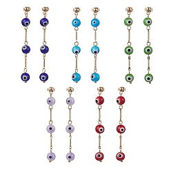 Mixed Color Evil Eye Lampwork Dangle Stud Earrings, Golden 304 Stainless Steel Tassel Earrings, Mixed Color, 66~67x7.5~8mm