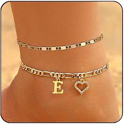 Letter E Двухслойные браслеты для щиколотки с латунными кристаллами и стразами в форме сердца, золотые, Письмо E, 7-7/8 дюйм (200 мм), 2 шт / комплект
