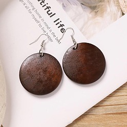 Плоский Круглый Серьги-подвески из сплава дерева, платина, плоско-круглые, 43x40 мм
