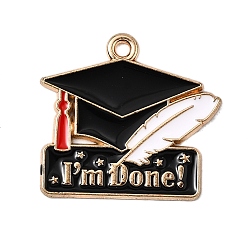 Черный Подвески из сплава с эмалью выпускного сезона, шапочка выпускника с надписью «я закончил», золотой свет, чёрные, 22.5x24.5x1 мм, отверстие : 1.8 мм