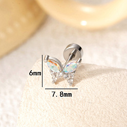 Прозрачный АВ Серьги-бабочки из латуни с паве из кубического циркония для хряща, с 304 штифтов из нержавеющей стали, цвет нержавеющей стали, ясно AB, 6x7.8 мм