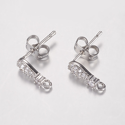 Platinum Brass Micro Pave Cubic Zirconia Stud Earring Findings, with Loop, Cadmium Free & Lead Free, Teardrop, Platinum, 11x4x2mm, Hole: 1mm, Pin: 0.8mm