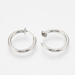 Stainless Steel Color 201 Stainless Steel Retractable Clip-on Hoop Earrings, For Non-pierced Ears, with 304 Stainless Steel Pins and Spring Findings, Stainless Steel Color, 15.5x2mm