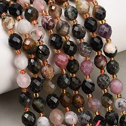 Tourmaline Natural Multicolor Tourmaline Beads Strands, Round, Faceted, with Seed Beads, 8~9x7~8mm, Hole: 1mm, about 18~20pcs/strand, 7.48''(19cm)~7.87''(20cm)