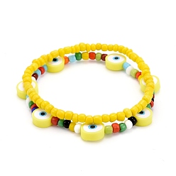 Gelb Glasperlen dehnen Armbänder, mit Polymer-Ton-Augenperlen, Gelb, Innendurchmesser: 2-1/8~2-1/4 Zoll (5.3~5.8 cm), 2 Stück / Set
