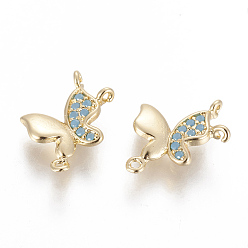 Cyan Brass Micro Pave Cubic Zirconia Chandelier Component Links, 3 Loop Connectors, Butterfly, Golden, Sky Blue, 8.5x10.5x2mm, Hole: 0.7mm