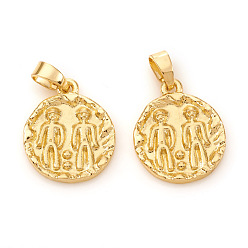 Близнецы Латунные подвески, , плоский круглый с созвездием / знак зодиака, реальный 18 k позолоченный, Близнецы, 16.5x14x2 мм, отверстие : 5x2.5 мм