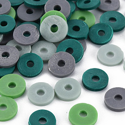 Dark Sea Green 4 Colors Handmade Polymer Clay Beads, Heishi Beads, Disc/Flat Round, Dark Sea Green & Aqua & Gray & Teal, 8x0.5~1.5mm, Hole: 2mm, about 11500pcs/1000g