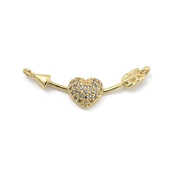Golden Brass Micro Pave Clear Cubic Zirconia Connector Charms, Heart Links with Arrow, Golden, 8x27.5x3mm, Hole: 1.2mm