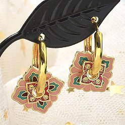 Pink Серьги-кольца из латуни с ромбами, с эмалью, без свинца и без кадмия, реальный 18 k позолоченный, стойки покрытие, розовые, 22x17 мм