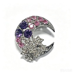 Tangerine Alloy Rhinestone Brooches, Moon & Star Brooches for Women, Tangerine, 34x34mm