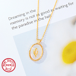 Real 18K Gold Plated Natural White Shell Oval with Flower Pendant Necklace with 925 Sterling Silver Chains, Real 18K Gold Plated, 15.35 inch(39cm)