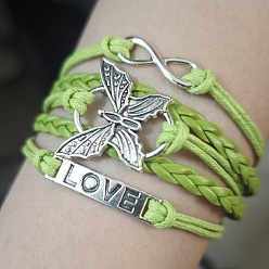 Желто-Зеленый Искусственная кожа многожильных браслеты, Браслеты из сплава с подвесками в виде бабочки/бесконечности/слова «любовь» для женщин, античное серебро, желто-зеленый, 7-1/2 дюйм (19 см)