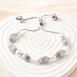 Платина Браслеты слайдеры из латунных бусин для женщин, с ABS имитации жемчуга, без кадмия и без свинца, стойки покрытие, долговечный, платина, внутренний диаметр: 1-1/2 дюйм (3.8 см) ~ 2-7/8 дюйм (7.2 см)