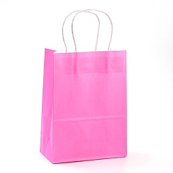 Hot Pink Pure Color Kraft Paper Bags, Gift Bags, Shopping Bags, with Paper Twine Handles, Rectangle, Hot Pink, 15x11x6cm