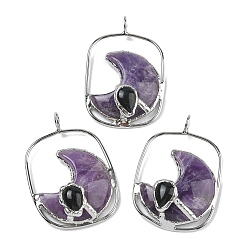 Аметист Крупные подвески из натурального аметиста и обсидиана., луна в латунной рамке, платина, 55~57x38.5~41x13~14 мм, отверстие : 6.5~7 мм