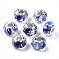 Темно-Фиолетовый Бусины из смолы европейского стиля с большим отверстием , с серебряного цвета латуни двойные сердечники, рондель, темно-фиолетовый, 14x9 мм, отверстие : 5 мм