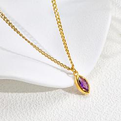 Фиолетовый 304 Подвеска-колье из нержавеющей стали с инкрустацией кубическим цирконием в виде конского глаза для женщин, золотые, фиолетовые, 15.75 дюйм (40 см)
