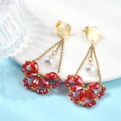 Red Electroplate Glass Dangle Earrings for Women, Teardrop, 304 Stainless Steel Cable, Brass Stud Earrings, Real 18K Gold Plated, Red, 65x28mm