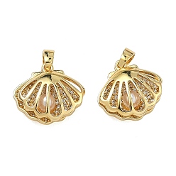 Настоящее золото 18K Латунные микропаве прозрачные подвески с фианитом, подвески из искусственного жемчуга и ракушек, стойки покрытие, долговечный, реальный 18 k позолоченный, 14.5x15x6 мм, отверстие : 3.5x2 мм