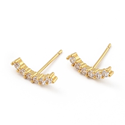 Настоящее золото 18K Изогнутые серьги-гвоздики с кубическим цирконием, украшения из латуни для женщин, без кадмия, без никеля и без свинца, реальный 18 k позолоченный, 13.5x4 мм, штифты : 0.8 мм