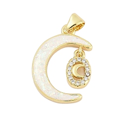 Луна Латунные микро проложить кубического циркония подвески, с синтетическим опалом, долговечный, стойки покрытие, без свинца и без кадмия, подвеска луна и овал, реальный 18 k позолоченный, луна, 21~21.5x15.5~16x3 мм, отверстие : 3.2x4 мм