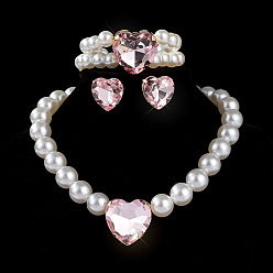 Розовый Комплекты ожерелий, сережек-гвоздиков и браслетов из стеклянных стразов и пластиковых жемчужин в форме сердца, светло-розовый, 340 мм