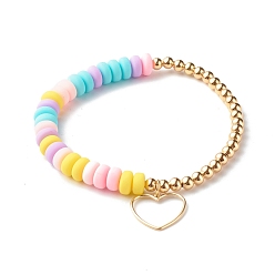 Colorful Handmade Polymer Clay Beads  Stretch Bracelets, with Brass Heart Charm and Beads, Colorful, 1/4 inch(0.7cm), Inner Diameter: 2-1/2 inch(6.25cm)