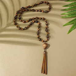Кокосово-Коричневый Ожерелья из сплава в стиле бохо с круглыми бусинами в форме капли и кисточками из дерева, Красная медь, кокосового коричневый, 15.35 дюйм (39 см)