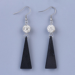 Crystal Polymer Clay Rhinestone Dangle Earrings, with Pear Wood Pendants and 304 Stainless Steel Earring Hooks, Crystal, 74~76mm, Pin: 0.6mm